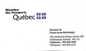 Carte d'affaire du ministère des transports du Québec.